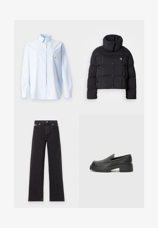Black puffer jacket with a cropped design, high collar, and button closure. Made from glossy, insulated material featuring quilted sections.; Light blue striped long-sleeve shirt with a button-down collar, single chest pocket, and a small logo patch on the pocket. Cotton material.; Black wide-leg jeans made of denim, featuring a high-rise waist, five-pocket styling, and a metal button closure with contrasting stitching.; Black leather loafers with a rounded toe, thick textured sole, and minimal stitching details. Sleek design with no visible laces or hardware.