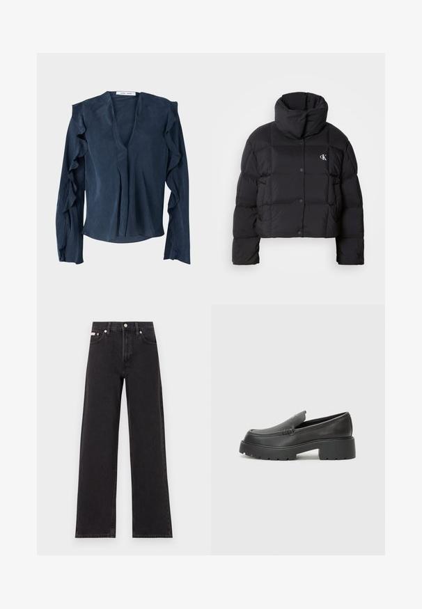 Crna puffer jakna s krojenjem na visini struka, visokim ovratnikom i kopčanjem na dugmad. Izrađena od sjajnog, izoliranog materijala s četvrtastim sekcijama.; Mornarskoplavi bluzon od lagane tkanine s dubokim V-izrezom, dugim rukavima s naborima i labavim krojem na rubu.; Crne široke traperice od denima, s visokim strukom, pet džepova i metalnim zatvaranjem s kontrastnim šavovima.; Crne kožne loaferice s zaobljenim vrhom, debelim teksturiranim potplatom i minimalnim detaljima šivanja. Elegantna izrada bez vidljivih vezica ili metalnih elemenata.
