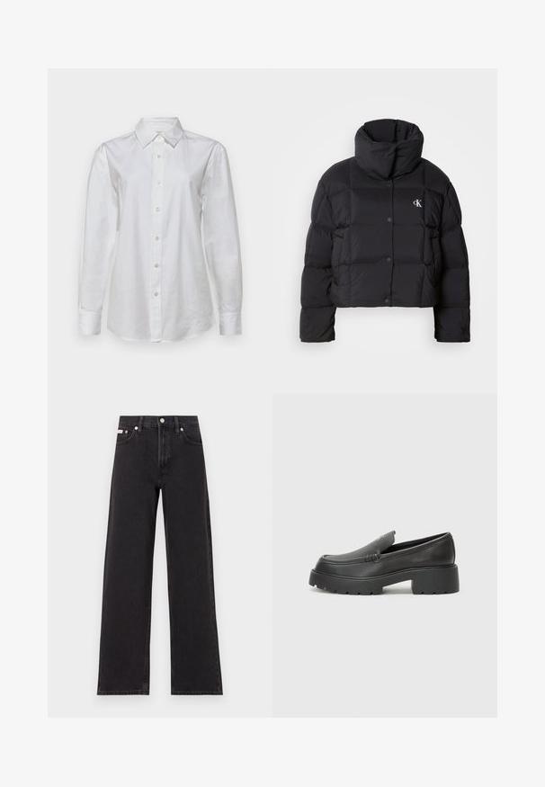 Juodas pūkinis švarkas su trumpu dizainu, aukštu apykakle ir mygtukų uždarymu. Pagamintas iš blizgios, šiltos medžiagos, turinčios siūtas dalis.; Balta medvilninė marškiniai ilgomis rankovėmis. Yra smaigalys apykaklė ir sagų užsegimas su derančiomis sagomis. Vientisai lygus paviršius.; Juodos plačios kojų džinsai, pagaminti iš džinsinio audinio, su aukštu liemeniu, penkių kišenių stiliumi ir metaline sagte su kontrastingo siuvimo detalėmis.; Juodi odiniai loaferiai su apvaliu pirštu, storu tekstūruotu padu ir minimaliu siūlių dekoru. Išskirtinis dizainas be matomų raištelių ar furnitūros.