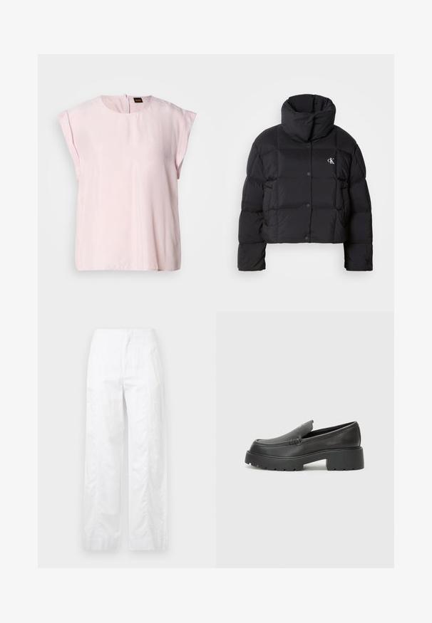 Črn napihnjen jakna s skrajšanim dizajnom, visokim ovratnikom in gumbnim zapiranjem. Narejena iz sijajnega, toplega materiala z oblečenimi odseki.; Roza kratka majica s kratkimi rokavi in okroglim izrezom z rahlim sijajem. Ima zadrgo na hrbtni strani in sproščen kroj. Gladek material.; Bela široka hlače iz lahkega materiala, ki se ponašajo z gladko teksturo, čistimi linijami in visokim pasom.; Črne usnjene loafers čevlje z zaobljenim nosom, debelim teksturiranim podplatom in minimalnimi šivi. Elegantna zasnova brez vidnih vezalk ali kovinskih delov.