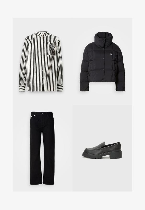Giacca piumino nera con un design cropped, colletto alto e chiusura con bottoni. Realizzata in materiale lucido e isolato con sezioni trapuntate.; Camicia a righe bianche e nere con colletto button-down, maniche lunghe e taschino sul petto sinistro con un design di uva. Materiale in cotone.; Pantaloni in denim nero a gamba dritta con cinque tasche, rivetti argentati e chiusura con bottone. Il tessuto ha una finitura liscia e leggermente testurizzata.; Mocassini in pelle nera con punta arrotondata, suola spessa e testurizzata, e minime cuciture. Design elegante senza lacci o parti metalliche visibili.