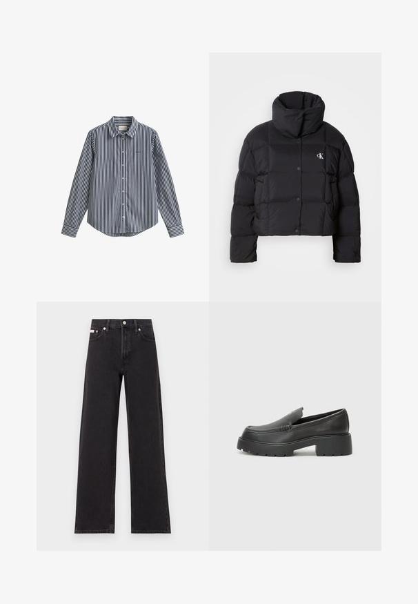 Čierna puff jacket s krátkym strihom, vysokým golierom a zapínaním na gombíky. Vyrobená z lesklého, izolačného materiálu so prešívanými sekciami.; Tmavomodrá a biela pruhovaná košeľa na zapínanie s golierom, dlhými rukávmi a zaobleným lemom. Na hrudi má malú logo.; Čierne široké džínsy vyrobené z denimu, s vysokým pásom, piatimi vreckami a kovovým zapínaním s kontrastným šitím.; Čierne kožené mokasíny s okrúhlou špičkou, hrubou textúrovanou podrážkou a minimom stehovej výzdoby. Štíhly dizajn bez viditeľných šnúr alebo kovania.