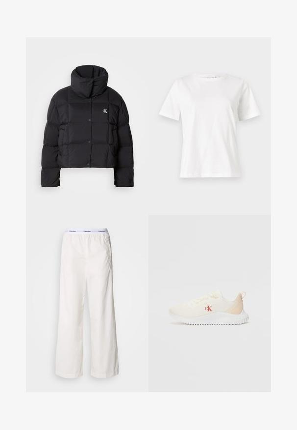 Black puffer jacket with a cropped design, high collar, and button closure. Made from glossy, insulated material featuring quilted sections.; White cotton t-shirt with short sleeves, round neckline, and a relaxed fit. Smooth texture, no patterns or accents, minimalistic design.; White wide-leg pants with an elastic waistband featuring a contrasting Calvin Klein logo. Made from smooth fabric, they offer a relaxed fit.; White mesh sneakers with a textured surface, light beige accents, a raised white sole, and a red "CK" logo on the side.