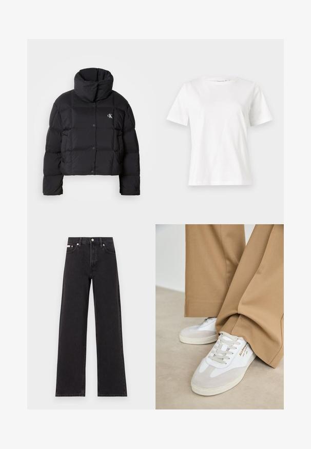 Černá péřová bunda s krátkým střihem, vysokým límcem a zapínáním na knoflíky. Vyrobena z lesklého, izolačního materiálu s prošívanými částmi.; Bílý bavlněný tričko s krátkým rukávem, kulatým výstřihem a volnějším střihem. Hladká textura, bez vzorů nebo akcentů, minimalistický design.; Černé široké jeansy vyrobené z denimu, s vysokým pasem, pěti kapsami a kovovým zapínáním s kontrastním prošíváním.; Bílé tenisky s semišovými akcenty, texturovanými tkaničkami a gumovou podrážkou. Kombinováno s volnými béžovými kalhotami. Logo umístěné na boční straně.