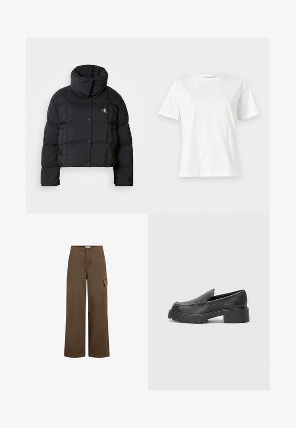 Schwarze Pufferjacke mit einem cropped Design, hohem Kragen und Knopfverschluss. Hergestellt aus glänzendem, isoliertem Material mit gesteppte Abschnitten.; Weißes Baumwoll-T-Shirt mit kurzen Ärmeln, Rundhalsausschnitt und lockerer Passform. Glatte Textur, keine Muster oder Akzente, minimalistisches Design.; Braune weite Cargo-Hosen aus Baumwolle mit Knopfverschluss, ausgestattet mit seitlichen Taschen und einer glatten, weichen Textur.; Schwarze Lederloafer mit einer abgerundeten Spitze, dicker strukturierten Laufsohle und minimalen Nähten. Schlankes Design ohne sichtbare Schnürsenkel oder Beschläge.
