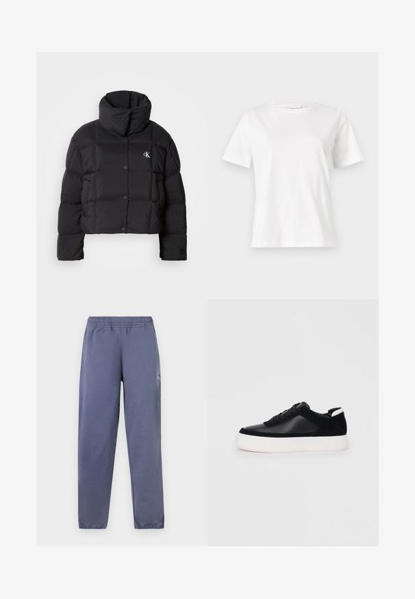 Zwarte pufferjack met een cropped ontwerp, hoge kraag en knoopsluiting. Gemaakt van glanzend, geïsoleerd materiaal met gestikte secties.; Witte katoenen t-shirt met korte mouwen, ronde halslijn en een ontspannen pasvorm. Gladde textuur, geen patronen of accenten, minimalistisch ontwerp.; Grijze sweatpants met een elastische tailleband, opgerolde enkels en een subtiele logo-detail aan de zijkant; gemaakt van gladde, lichte stof.; Zwarte sneaker met glad leer en suede panelen, platte veters, ronde neus en een witte rubberen zool. Duidelijk logo op de hiel.