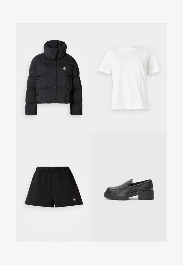 Fekete puffertáska, rövidített fazonnal, magas gallérral és gombos záródással. Fényes, szigetelt anyagból készült, steppelt részekkel.; Fehér pamut póló rövid ujjakkal, kerek nyakkivágással és laza szabással. Sima textúra, nincsenek minták vagy díszítések, minimalista dizájn.; Fekete nadrág, puha anyagból készült, rugalmas derékkal, egyenes szabású, és egy kis logócímkével az alsó bal oldalon.; Fekete bőr loafer cipők kerek orral, vastag, texturált talppal és minimális varrási részletekkel. Áramvonalas dizájn, látható fűzők vagy fém részek nélkül.