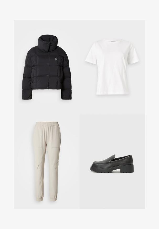 Doudoune noire au design court, avec un col montant et une fermeture à boutons. Fabriquée en matériau brillant et isolant, avec des sections matelassées.; T-shirt en coton blanc à manches courtes, col rond et coupe décontractée. Texture lisse, sans motifs ni accents, design minimaliste.; Pantalons de jogging beiges avec une taille élastique, deux poches latérales et des poignets de jambes fuselés. Fabriqués en tissu doux et léger.; Mocassins en cuir noir avec un bout arrondi, une semelle épaisse et texturée, et des détails de couture minimalistes. Design épuré sans lacets ni métal visibles.