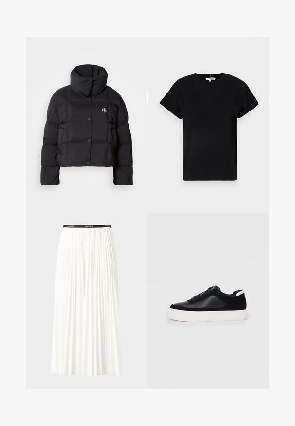Casaco puffer preto com um design cropped, gola alta e fecho de botão. Feito de material brilhante e isolante, apresentando seções acolchoadas.; T-shirt preta de algodão com mangas curtas dobradas, apresentando um logotipo em relevo no centro e um pequeno detalhe de bandeira na lateral.; Saia plissada branca com uma cintura elástica preta que apresenta o logótipo "LACOSTE". Design de comprimento médio com textura suave.; Sapatilha preta com painéis de pele lisa e camurça, atacadores planos, bico arredondado e sola de borracha branca. Logótipo distinto no calcanhar.