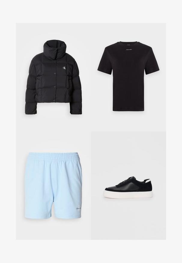 Svart pufferjakke med en cropped design, høy krage og knappelukking. Laget av glossy, isolert materiale med kviltede seksjoner.; Svart bomull T-skjorte med korte ermer, rund hals og liten hvit "Calvin Klein" logo på brystet. Glatt tekstur, klassisk passform.; Lyseblå shorts med elastisk linning, med "Calvin Klein" logo nær kanten, vist på en nøytral bakgrunn.; Svart sneakers med glatt skinn og semsket skinnpaneler, flate snørebånd, rund tå og hvit gummisåle. Distinkt logo på hælen.