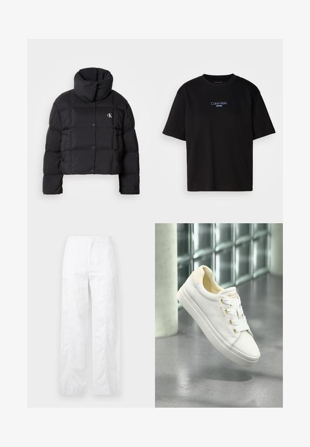 Black puffer jacket with a cropped design, high collar, and button closure. Made from glossy, insulated material featuring quilted sections.; Black cotton t-shirt with a round neck, short sleeves, and blue embroidered "Calvin Klein JEANS" logo on the front.; White wide-leg trousers made of lightweight fabric, featuring a smooth texture, clean lines, and a high waist design.; White leather sneakers with a smooth texture, round toe, and flat sole. Features gold accents and white laces for secure fastening.