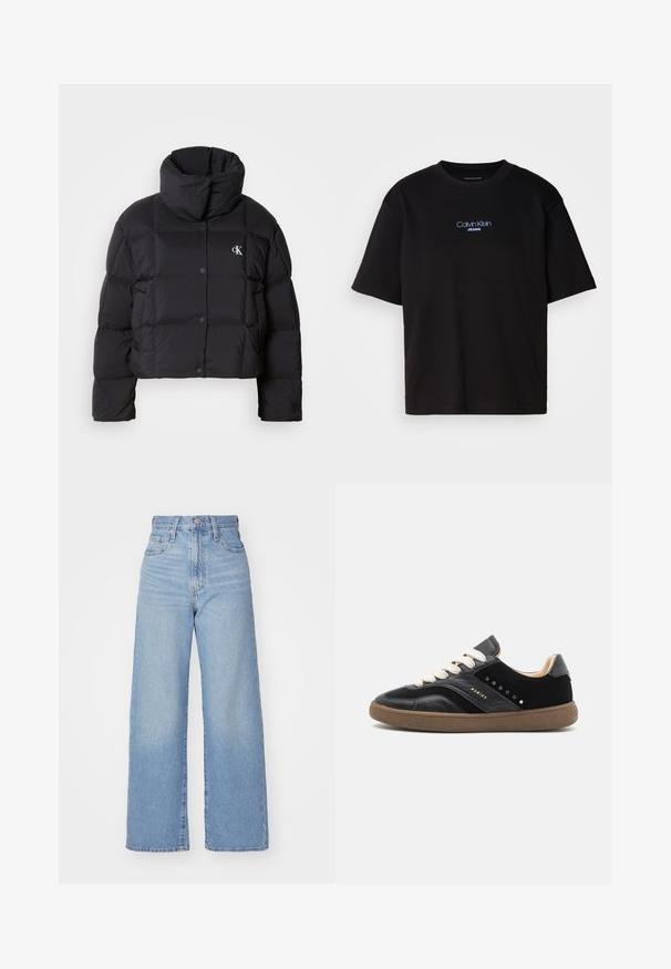 Jachetă puffer neagră cu un design scurt, guler înalt și închidere cu buton. Fabricată dintr-un material lucios și izolat, cu secțiuni matlasate.; Tricou din bumbac negru cu guler rotund, mâneci scurte și logo-ul brodat în albastru "Calvin Klein JEANS" pe față.; Jeans cu talie înaltă, de culoare albastru deschis, cu croială largă, dotate cu nasture și fermoar la față, buzunare în față și spate, pe un fundal alb.; Nubikk RAY OWEN - Sneakers low - black/mocca