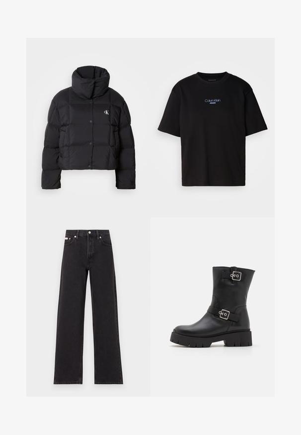 Črn napihnjen jakna s skrajšanim dizajnom, visokim ovratnikom in gumbnim zapiranjem. Narejena iz sijajnega, toplega materiala z oblečenimi odseki.; Črna bombažna majica s krožnim izrezom, kratkimi rokavi in modrim vezenim logotipom "Calvin Klein JEANS" na sprednji strani.; Črne široke jeans hlače iz denima, s poudarjenim pasom, petimi žepi in kovinskim gumbom za zapiranje ter kontrastnim šivanjem.; Črne usnjene gležnjarje s debelim podplatom, ki imajo dve pasovi s srebrnimi zaponkami. Gladka površina in robustna tekstura na podplatu.