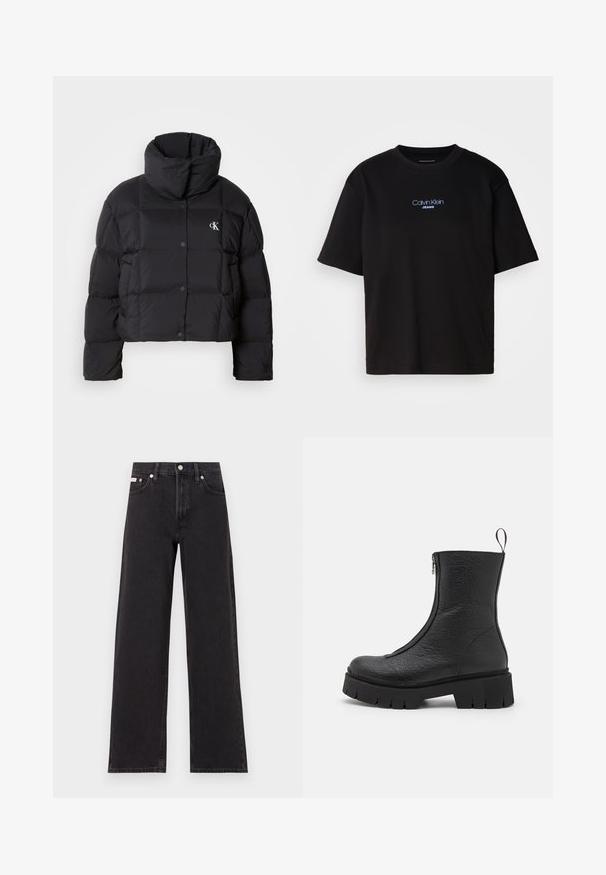 Black puffer jacket with a cropped design, high collar, and button closure. Made from glossy, insulated material featuring quilted sections.; Black cotton t-shirt with a round neck, short sleeves, and blue embroidered "Calvin Klein JEANS" logo on the front.; Black wide-leg jeans made of denim, featuring a high-rise waist, five-pocket styling, and a metal button closure with contrasting stitching.; HUGO KRIS BOOTIE - Platform ankle boots - black