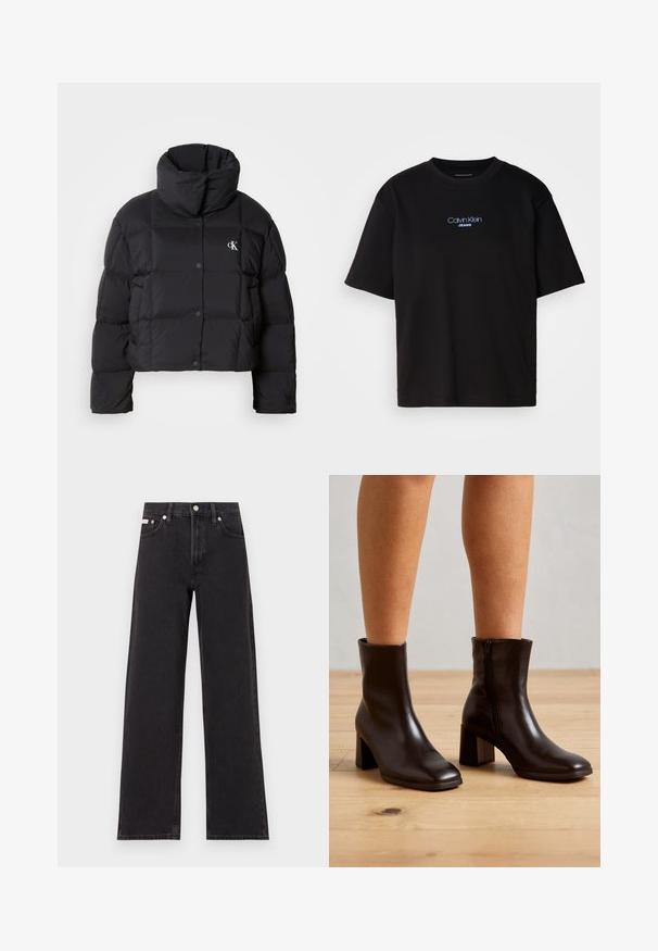 Černá péřová bunda s krátkým střihem, vysokým límcem a zapínáním na knoflíky. Vyrobena z lesklého, izolačního materiálu s prošívanými částmi.; Černé bavlněné tričko s kulatým výstřihem a krátkými rukávy, s modrou vyšitou nášivkou "Calvin Klein JEANS" na přední straně.; Černé široké jeansy vyrobené z denimu, s vysokým pasem, pěti kapsami a kovovým zapínáním s kontrastním prošíváním.; Černé kožené kotníkové boty se čtveratým špičkou a bočním zipem, s stabilním blokovým podpatkem a hladkým povrchem na dřevěné podlaze.