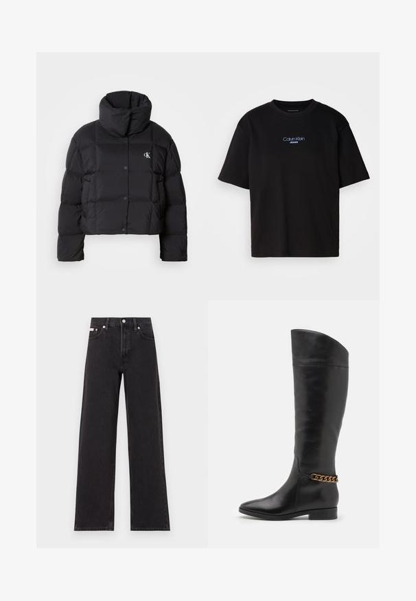 Juodas pūkinis švarkas su trumpu dizainu, aukštu apykakle ir mygtukų uždarymu. Pagamintas iš blizgios, šiltos medžiagos, turinčios siūtas dalis.; Juodas medvilnės marškinėliai su apykakle, trumpomis rankovėmis ir mėlynai siuvinėtu "Calvin Klein JEANS" logotipu priekyje.; Juodos plačios kojų džinsai, pagaminti iš džinsinio audinio, su aukštu liemeniu, penkių kišenių stiliumi ir metaline sagte su kontrastingo siuvimo detalėmis.; Aukšti juodi odiniai batai su liekna forma, smailiu smaigaliu ir aukso grandinėlės akcentu ties kulkšnimi. Žemas bloko kulnas. Lygi tekstūra.