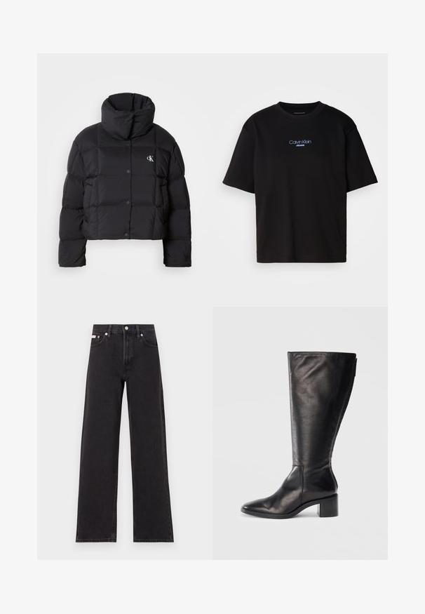 Must zwart puffer jope, mille disainiga, kõrge kaelusega ja nööpidega kinni. Valmistatud läikivast, soojust liikuvast materjalist, millel on äraotatud sektsioonid.; Mustmust särk ümmarguse kaelusega, lühikeste varrukatega ja sinise tikandiga "Calvin Klein JEANS" logo ees.; Mustad laiad mustad teksad, millel on kõrge vöökoht, viie tasku stiil ja metallist nööpkinnitus kontrastsete õmblustega.; Must must nahkane kõrge varbaga saabas, millel on ruudukujuline varvas, plokknina ja voolav disain. Sile tekstuur ja külgzipper lihtsaks selga panemiseks.