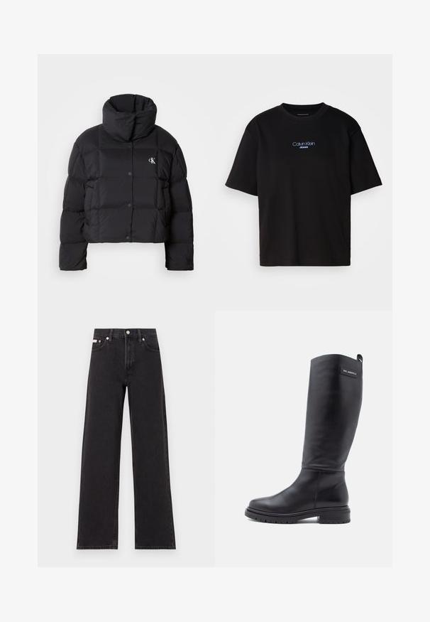Casaco puffer preto com um design cropped, gola alta e fecho de botão. Feito de material brilhante e isolante, apresentando seções acolchoadas.; T-shirt preta de algodão com gola redonda, mangas curtas e logo bordado azul "Calvin Klein JEANS" na parte da frente.; Jeans de perna larga pretos feitos de denim, apresentando uma cintura alta, estilo de cinco bolsos e um fecho em botão de metal com costura contrastante.; Bota alta de couro preto com salto bloco baixo, sola de cravos e uma pequena etiqueta retangular perto do topo exibindo o nome da marca.