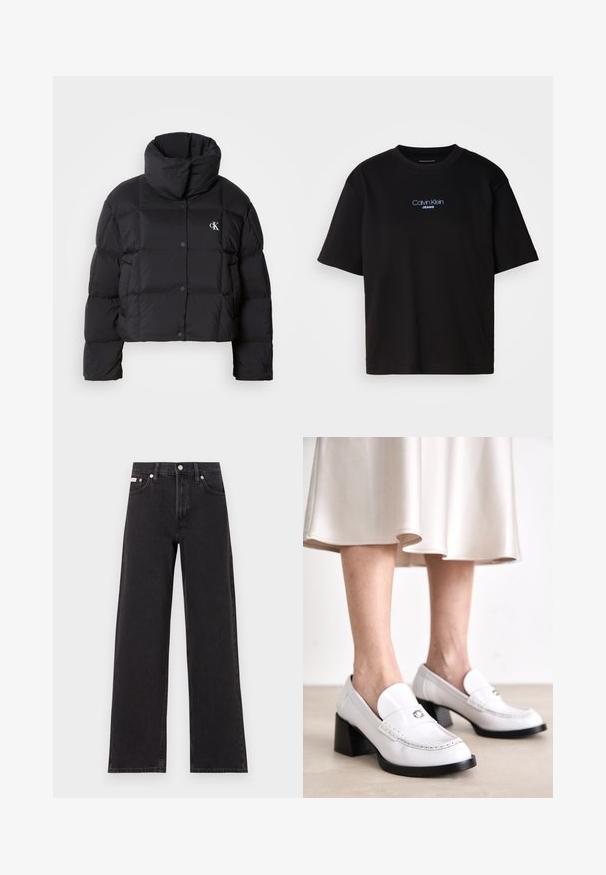 Svart pufferjakke med en cropped design, høy krage og knappelukking. Laget av glossy, isolert materiale med kviltede seksjoner.; Sort bomull t-skjorte med rund hals, korte ermer, og blå brodert "Calvin Klein JEANS" logo på forsiden.; Svart bredbente jeans laget av denim, med høy livvidde, fem lommer, og metallknapp med kontrasterende søm.; Hvite skinnloafers med svart blokkhæl, med en sømdesignet stil og en fremtredende logoakkent på vristen. Glatt tekstur.