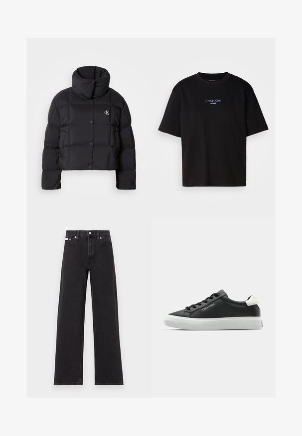 Casaco puffer preto com um design cropped, gola alta e fecho de botão. Feito de material brilhante e isolante, apresentando seções acolchoadas.; T-shirt preta de algodão com gola redonda, mangas curtas e logo bordado azul "Calvin Klein JEANS" na parte da frente.; Jeans de perna larga pretos feitos de denim, apresentando uma cintura alta, estilo de cinco bolsos e um fecho em botão de metal com costura contrastante.; Sapatilha de couro preto com sola de borracha branca. Apresenta atacadores pretos e logotipo de lado. Bico arredondado e colarinho acolchoado.