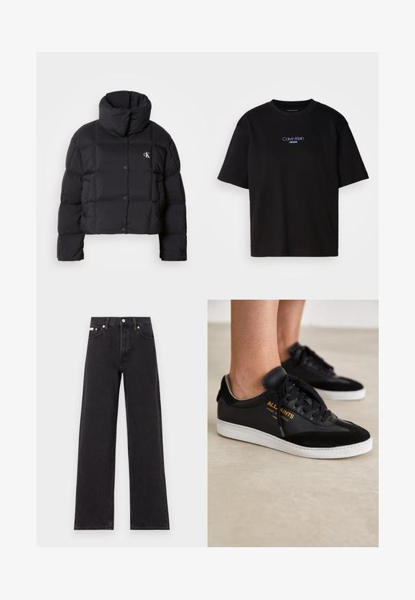 Jachetă puffer neagră cu un design scurt, guler înalt și închidere cu buton. Fabricată dintr-un material lucios și izolat, cu secțiuni matlasate.; Tricou din bumbac negru cu guler rotund, mâneci scurte și logo-ul brodat în albastru "Calvin Klein JEANS" pe față.; Jeanși negri cu picioare largi, fabricați din denim, cu talie înaltă, stil cu cinci buzunare și închidere cu nasture metalic, cu cusături contrastante.; Adidași negri din piele și velur, cu tălpi din cauciuc alb. Au șireturi tonale și detalii cu logo auriu pe lateral. Design plat.