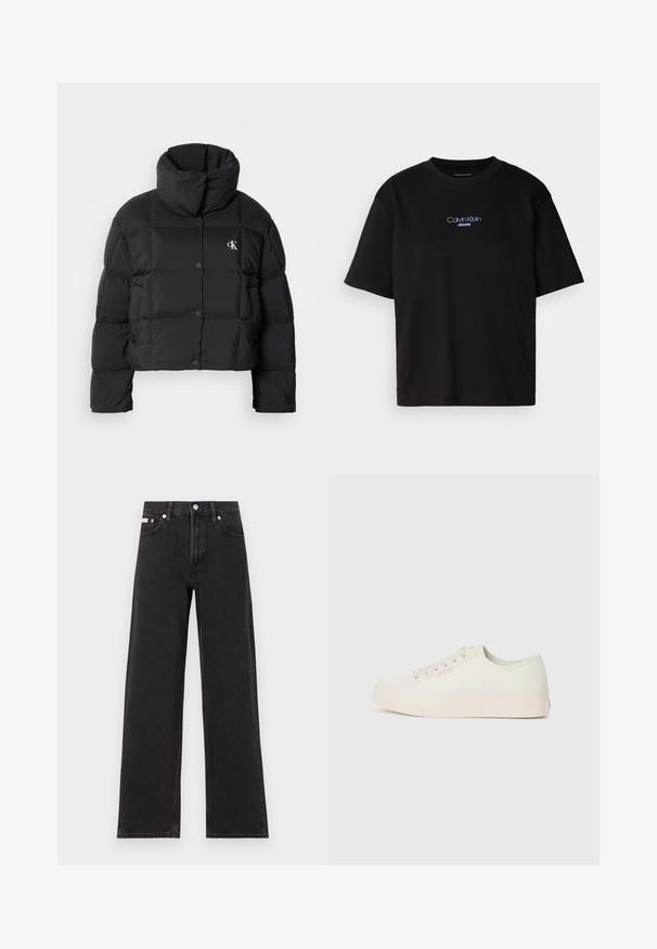Giacca piumino nera con un design cropped, colletto alto e chiusura con bottoni. Realizzata in materiale lucido e isolato con sezioni trapuntate.; T-shirt nera in cotone con colletto rotondo, maniche corte e logo ricamato blu "Calvin Klein JEANS" sul davanti.; Jeans neri a gamba larga in denim, con vita alta, styling a cinque tasche e chiusura con bottone metallico e cuciture a contrasto.; Sneakers realizzati in tela bianca sporca, caratterizzati da un design a bassa altezza, punta rotonda e suola piatta in gomma con dettagli di cucitura discreti.