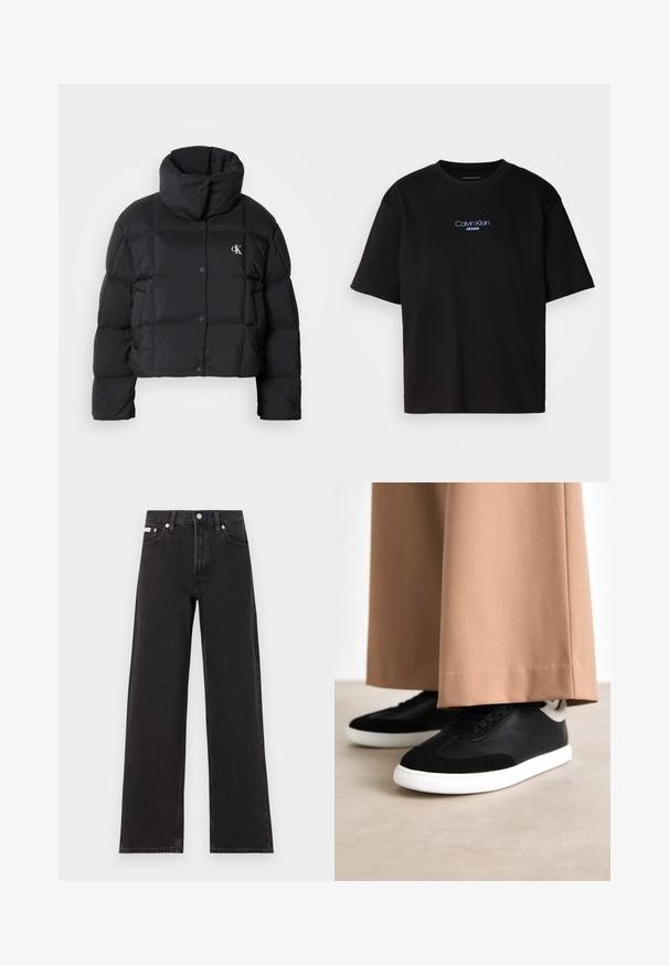 Schwarze Pufferjacke mit einem cropped Design, hohem Kragen und Knopfverschluss. Hergestellt aus glänzendem, isoliertem Material mit gesteppte Abschnitten.; Schwarzes Baumwoll-T-Shirt mit Rundhalsausschnitt, kurzen Ärmeln und blau gesticktem "Calvin Klein JEANS"-Logo auf der Vorderseite.; Schwarze weit geschnittene Jeans aus Denim mit einem hoch sitzenden Bund, fünf Taschen und einem Metallknopfverschluss mit kontrastierendem Nähte.; Schwarze und graue Sneaker mit einem Obermaterial aus glattem Leder und weichen Wildlederakzenten; weiße Gummisohle; getragen mit beigen weit geschnittenen Hosen.
