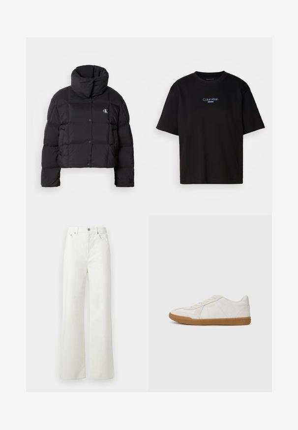 Schwarze Pufferjacke mit einem cropped Design, hohem Kragen und Knopfverschluss. Hergestellt aus glänzendem, isoliertem Material mit gesteppte Abschnitten.; Schwarzes Baumwoll-T-Shirt mit Rundhalsausschnitt, kurzen Ärmeln und blau gesticktem "Calvin Klein JEANS"-Logo auf der Vorderseite.; Samsøe Samsøe SHELLY - Jeans Relaxed Fit - clear cream; Weißer Sneaker mit einem strukturierten Obermaterial aus Leder und einer Gummisohle. Zu den Merkmalen gehören ein Schnürdesign und dezente Markenverzierungen an der Seite.