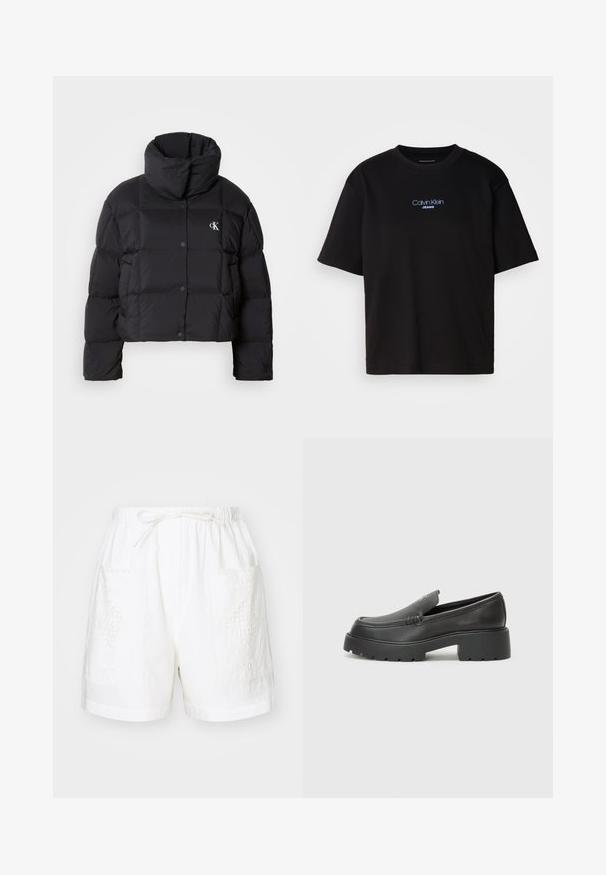 Casaco puffer preto com um design cropped, gola alta e fecho de botão. Feito de material brilhante e isolante, apresentando seções acolchoadas.; T-shirt preta de algodão com gola redonda, mangas curtas e logo bordado azul "Calvin Klein JEANS" na parte da frente.; Calções de algodão brancos com uma cintura elástica, cordão de ajuste e dois bolsos frontais apresentando intrincados padrões de bordado.; Mocassins de couro preto com bico arredondado, sola espessa e texturizada, e detalhes de costura minimalistas. Design elegante sem atacadores ou ferragens visíveis.