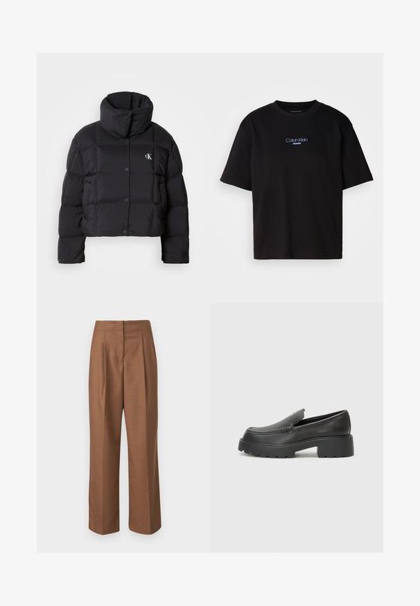 Svart puffy-jacka med en cropped design, hög krage och knappstängning. Tillverkad av glänsande, isolerat material med quiltade sektioner.; Svart bomulls T-shirt med rund nacke, korta ärmar och blå broderad "Calvin Klein JEANS" logotyp på framsidan.; Bruna skräddarsydda byxor med hög midja, vida ben, framfickor och en slät textur. Inga synliga fickor eller utsmyckningar.; Svarta läderloafers med rund tå, tjockt strukturerat såle och minimala sömnadsdetaljer. Snygg design utan synliga snören eller beslag.
