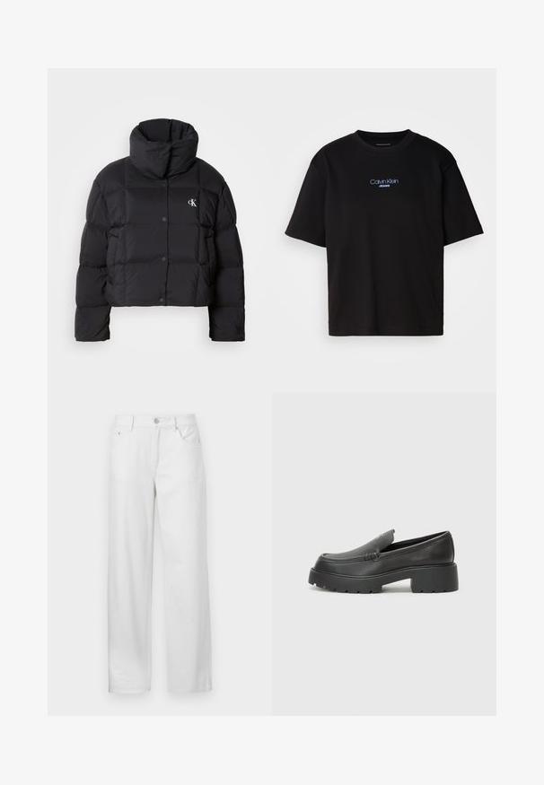 Fekete puffertáska, rövidített fazonnal, magas gallérral és gombos záródással. Fényes, szigetelt anyagból készült, steppelt részekkel.; Fekete pamut póló kerek nyakkal, rövid ujjú, elöl kék hímzett "Calvin Klein JEANS" logóval.; Fehér denim nadrág, laza fazonnal, gombos és cipzáras záródással, övhurkokkal és klasszikus öt zsebes dizájnnal.; Fekete bőr loafer cipők kerek orral, vastag, texturált talppal és minimális varrási részletekkel. Áramvonalas dizájn, látható fűzők vagy fém részek nélkül.