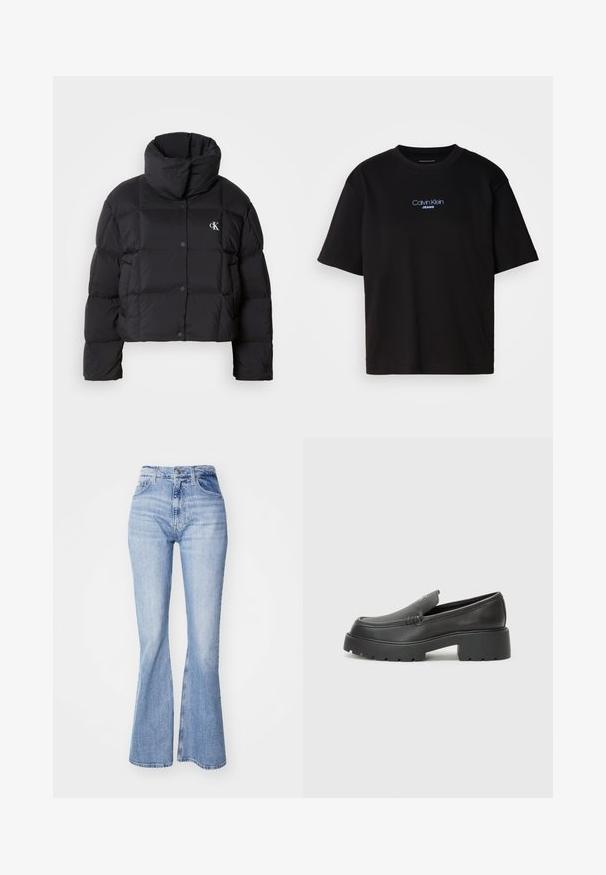 Melnā pūkainā jaka ar saīsinātu dizainu, augstu apkakli un pogu aizdari. Izgatavota no spīdīgas, izolējošas materiāla ar kviltētām daļām.; Melna kokvilnas T-kreklu ar apaļu kaklu, īsām piedurknēm un zilu izšūtu "Calvin Klein JEANS" logo priekšpusē.; Gaiši zili platās džinses no denima, ar augsto jostasvietu, piecu kabatu dizainu un maigu izbalēšanu gar kājām.; Melnas ādas mokasīni ar noapaļotu purngalu, biezs teksturēts zoles un minimālas dūriena detaļas. Gluds dizains bez redzamām auklām vai metāla elementiem.