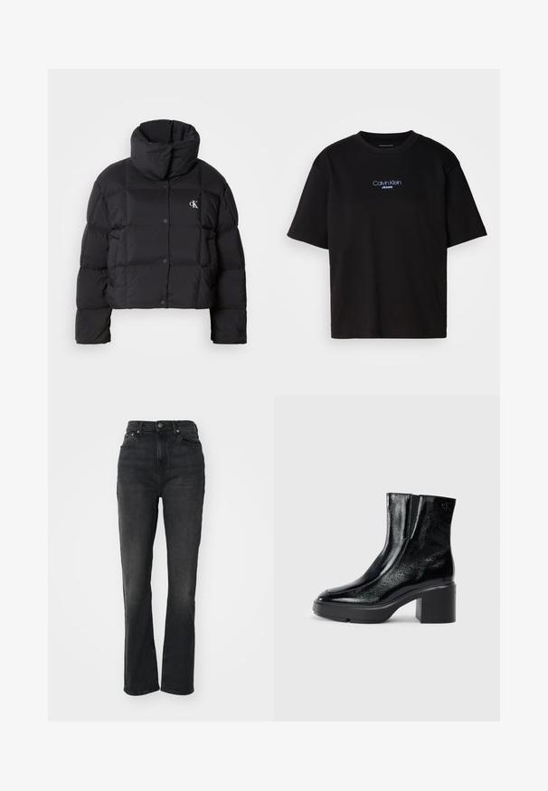 Črn napihnjen jakna s skrajšanim dizajnom, visokim ovratnikom in gumbnim zapiranjem. Narejena iz sijajnega, toplega materiala z oblečenimi odseki.; Črna bombažna majica s krožnim izrezom, kratkimi rokavi in modrim vezenim logotipom "Calvin Klein JEANS" na sprednji strani.; Hlače iz črnega denima z visokim pasom, ravne noge, pet žepov, zapiranje z gumbom spredaj in minimalni šivni detajli.; Črne lakirane gležnjarje z ukrivljenim nosom, elastičnimi stranskimi paneli in debelim blokastim peto. Imajo vtisnjen logotip na zadnjem delu.