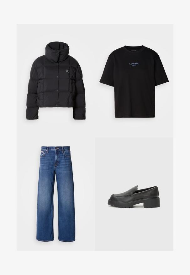 Jachetă puffer neagră cu un design scurt, guler înalt și închidere cu buton. Fabricată dintr-un material lucios și izolat, cu secțiuni matlasate.; Tricou din bumbac negru cu guler rotund, mâneci scurte și logo-ul brodat în albastru "Calvin Klein JEANS" pe față.; Jeans din denim cu picioare largi, de culoare bleu închis, cu talie înaltă, cinci buzunare și un ușor efect de decolorare pe față pentru un plus de textură și detaliu.; Mocasini din piele neagră, cu vârf rotunjit, talpă groasă texturată și detalii minimale de cusătură. Design elegant, fără șireturi sau accesorii vizibile.
