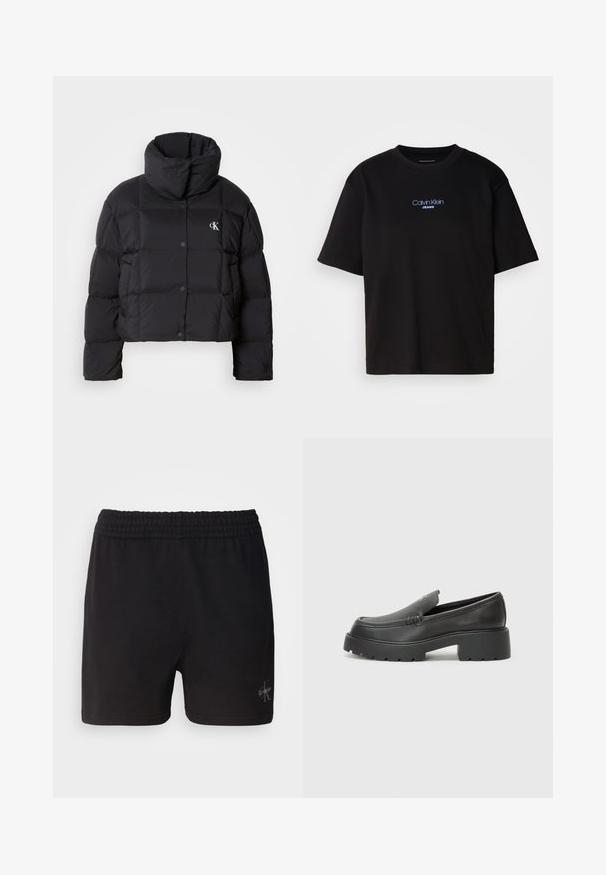 Casaco puffer preto com um design cropped, gola alta e fecho de botão. Feito de material brilhante e isolante, apresentando seções acolchoadas.; T-shirt preta de algodão com gola redonda, mangas curtas e logo bordado azul "Calvin Klein JEANS" na parte da frente.; Calções pretos de algodão com um cós elástico e o logótipo da Calvin Klein em prata no canto inferior direito. Textura suave.; Mocassins de couro preto com bico arredondado, sola espessa e texturizada, e detalhes de costura minimalistas. Design elegante sem atacadores ou ferragens visíveis.
