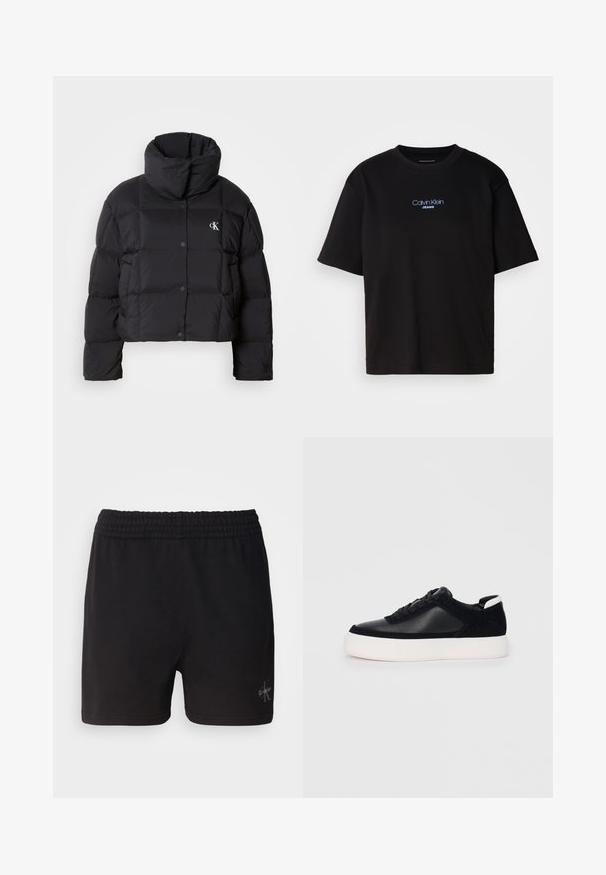 Casaco puffer preto com um design cropped, gola alta e fecho de botão. Feito de material brilhante e isolante, apresentando seções acolchoadas.; T-shirt preta de algodão com gola redonda, mangas curtas e logo bordado azul "Calvin Klein JEANS" na parte da frente.; Calções pretos de algodão com um cós elástico e o logótipo da Calvin Klein em prata no canto inferior direito. Textura suave.; Sapatilha preta com painéis de pele lisa e camurça, atacadores planos, bico arredondado e sola de borracha branca. Logótipo distinto no calcanhar.