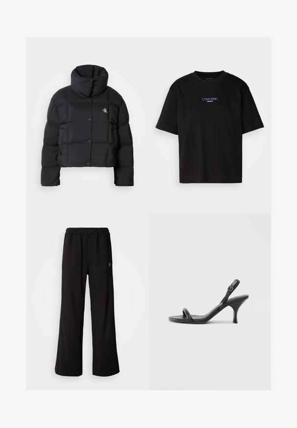 Casaco puffer preto com um design cropped, gola alta e fecho de botão. Feito de material brilhante e isolante, apresentando seções acolchoadas.; T-shirt preta de algodão com gola redonda, mangas curtas e logo bordado azul "Calvin Klein JEANS" na parte da frente.; Calças de treino pretas com um corte solto, cintura elástica e bolsos laterais. Feitas de um tecido macio com uma textura suave.; Sandálias de salto alto em couro preto com um salto curvado e fino e um design de tiras cruzadas. Correia ajustável no tornozelo. Textura suave.