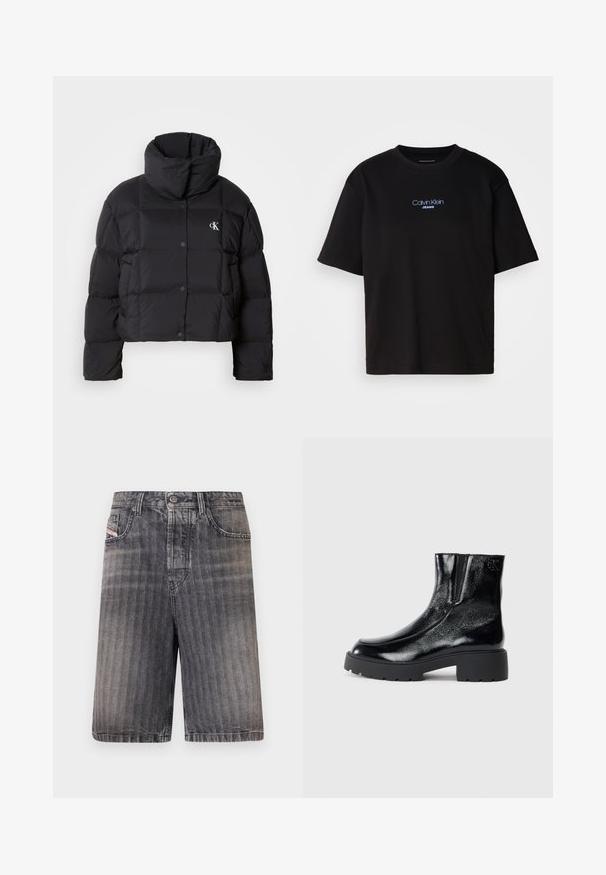 Črn napihnjen jakna s skrajšanim dizajnom, visokim ovratnikom in gumbnim zapiranjem. Narejena iz sijajnega, toplega materiala z oblečenimi odseki.; Črna bombažna majica s krožnim izrezom, kratkimi rokavi in modrim vezenim logotipom "Calvin Klein JEANS" na sprednji strani.; Sive denim kratke hlače ravnega kroja, z gumbom na zapiranju, sprednjimi žepi in rahlo zbledelim videzom.; Črne gležnarje z sijajnim patentiranim usnjem, debele črne gumijaste podplate in dvignjen petni del; vključujejo subtilen logotip na strani.