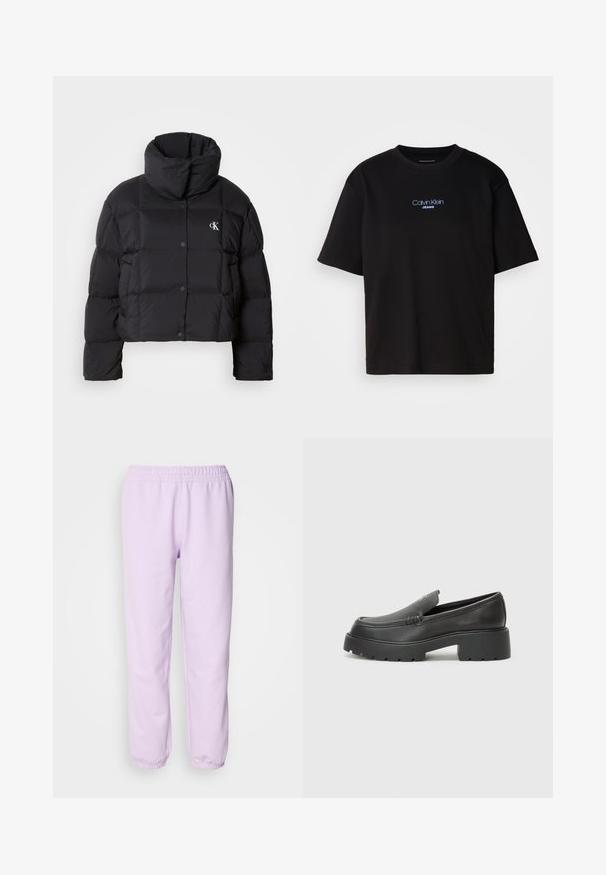 Fekete puffertáska, rövidített fazonnal, magas gallérral és gombos záródással. Fényes, szigetelt anyagból készült, steppelt részekkel.; Fekete pamut póló kerek nyakkal, rövid ujjú, elöl kék hímzett "Calvin Klein JEANS" logóval.; Világoslila, puha anyagból készült melegítőnadrág, rugalmas derékkal és rugalmas bokákkal. Egyszerű dizájn, minta nélküli.; Fekete bőr loafer cipők kerek orral, vastag, texturált talppal és minimális varrási részletekkel. Áramvonalas dizájn, látható fűzők vagy fém részek nélkül.
