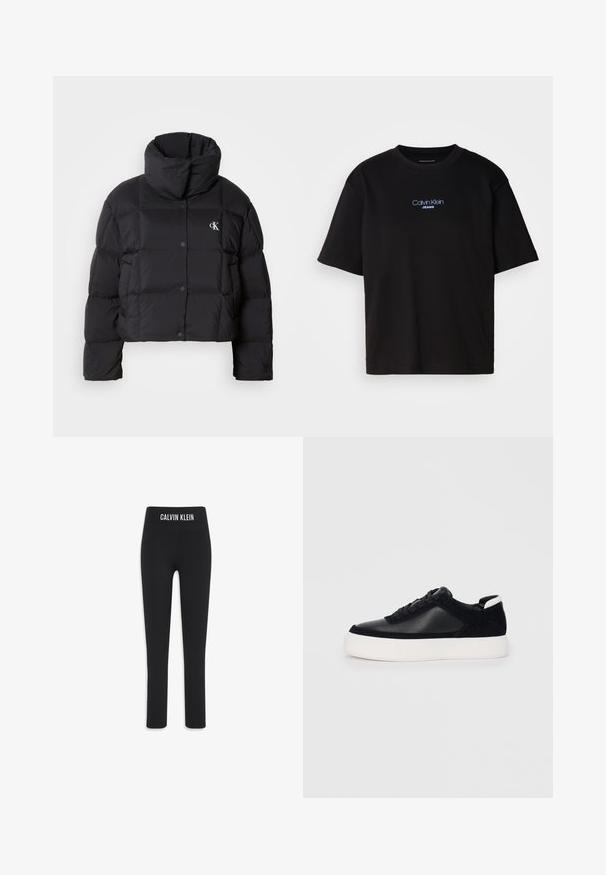 Čierna puff jacket s krátkym strihom, vysokým golierom a zapínaním na gombíky. Vyrobená z lesklého, izolačného materiálu so prešívanými sekciami.; Čierne bavlnené tričko s okrúhlym výstrihom, krátkymi rukávmi a modrým vyšívaným logom "Calvin Klein JEANS" na prednej strane.; Čierne legíny z elastického materiálu, s širokým pásom s logom "CALVIN KLEIN", úzkeho strihu a dĺžky po členky.; Čierne tenisky s hladkou kožou a semišovými panelmi, plochými šnúrkami, zaoblenou špičkou a bielou gumovou podrážkou. Výrazné logo na päte.
