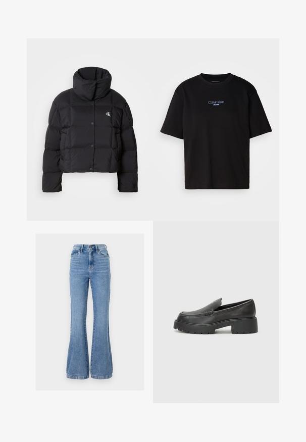 Svart puffy-jacka med en cropped design, hög krage och knappstängning. Tillverkad av glänsande, isolerat material med quiltade sektioner.; Svart bomulls T-shirt med rund nacke, korta ärmar och blå broderad "Calvin Klein JEANS" logotyp på framsidan.; Ljusblå denim flare jeans med hög midja, med framfickor, dragkedja och subtila blekningar på tyget.; Svarta läderloafers med rund tå, tjockt strukturerat såle och minimala sömnadsdetaljer. Snygg design utan synliga snören eller beslag.