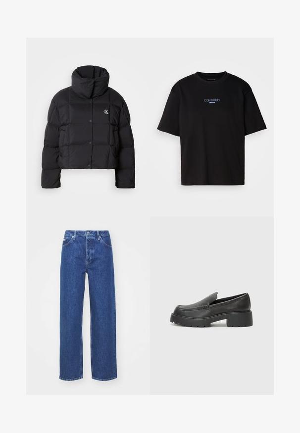 Černá péřová bunda s krátkým střihem, vysokým límcem a zapínáním na knoflíky. Vyrobena z lesklého, izolačního materiálu s prošívanými částmi.; Černé bavlněné tričko s kulatým výstřihem a krátkými rukávy, s modrou vyšitou nášivkou "Calvin Klein JEANS" na přední straně.; Modré džínové kalhoty širokého střihu s vysokým pasem, se zipem a knoflíkovým zapínáním, poutky na opasek a jemným zesvětlením na látce.; Černé kožené mokasíny s okrouhlou špičkou, silnou strukturovanou podrážkou a minimálními detaily šití. Elegantní design bez viditelných tkaniček nebo kovových prvků.
