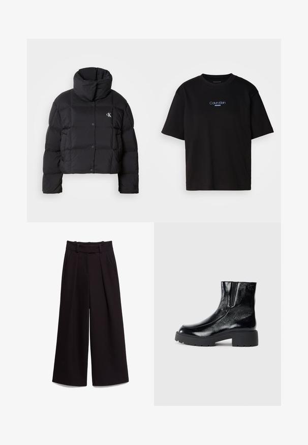 Fekete puffertáska, rövidített fazonnal, magas gallérral és gombos záródással. Fényes, szigetelt anyagból készült, steppelt részekkel.; Fekete pamut póló kerek nyakkal, rövid ujjú, elöl kék hímzett "Calvin Klein JEANS" logóval.; Fekete, bő szárú nadrág sima anyagból, magas derekkal, övhurkokkal és két elülső zsebbel. A plisszírozott kialakítás textúrát ad.; Fekete bokacsizmák fényes lakkbőr felülettel, vastag fekete gumitalppal és megemelt sarokkal; oldalon diszkrét logó részlettel.