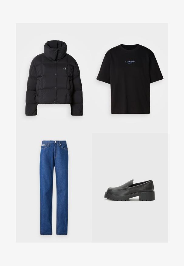 Casaco puffer preto com um design cropped, gola alta e fecho de botão. Feito de material brilhante e isolante, apresentando seções acolchoadas.; T-shirt preta de algodão com gola redonda, mangas curtas e logo bordado azul "Calvin Klein JEANS" na parte da frente.; Jeans de perna reta em azul índigo feitos de denim, com cinco bolsos, fecho frontal por botão e detalhes de costura laranja em contraste.; Mocassins de couro preto com bico arredondado, sola espessa e texturizada, e detalhes de costura minimalistas. Design elegante sem atacadores ou ferragens visíveis.