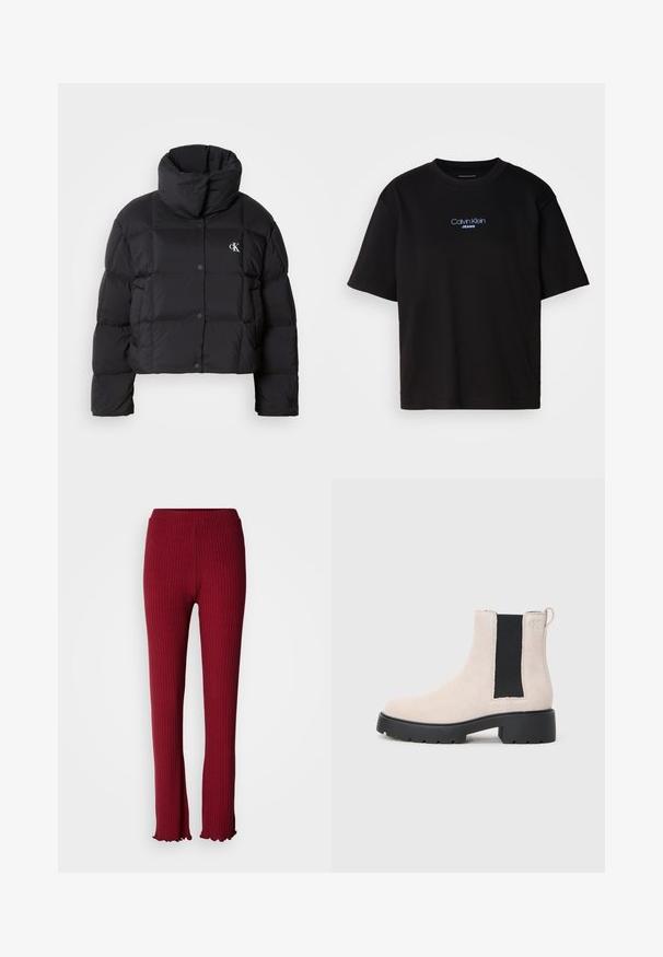 Czarna kurtka puchowa o kroju cropped, z wysokim kołnierzem i zapięciem na guziki. Wykonana z błyszczącego, izolowanego materiału z pikowanymi sekcjami.; Czarna bawełniana koszulka z okrągłym dekoltem, krótkimi rękawami i niebieskim haftowanym logo "Calvin Klein JEANS" z przodu.; Czerwone prążkowane legginsy o dopasowanym kroju, miękkiej fakturze, rozszerzonym dołem i elastycznym pasem dla wygody.; Beżowe zamszowe botki Chelsea z czarną elastyczną wstawką po bokach, masywną czarną podeszwą i pętelką przy kostce.