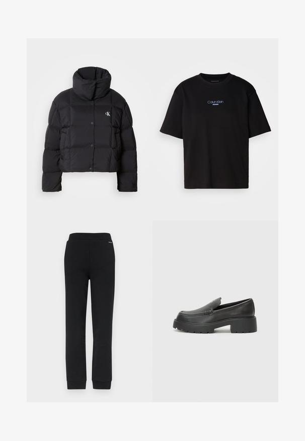Black puffer jacket with a cropped design, high collar, and button closure. Made from glossy, insulated material featuring quilted sections.; Black cotton t-shirt with a round neck, short sleeves, and blue embroidered "Calvin Klein JEANS" logo on the front.; Calvin Klein NANO LOGO - Tracksuit bottoms - black; Black leather loafers with a rounded toe, thick textured sole, and minimal stitching details. Sleek design with no visible laces or hardware.
