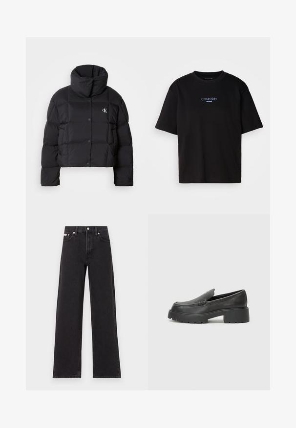 Must zwart puffer jope, mille disainiga, kõrge kaelusega ja nööpidega kinni. Valmistatud läikivast, soojust liikuvast materjalist, millel on äraotatud sektsioonid.; Mustmust särk ümmarguse kaelusega, lühikeste varrukatega ja sinise tikandiga "Calvin Klein JEANS" logo ees.; Mustad laiad mustad teksad, millel on kõrge vöökoht, viie tasku stiil ja metallist nööpkinnitus kontrastsete õmblustega.; Mustad nahast loafers ümarate varvastega, paksu tekstuuriga tald ja minimaalsete õmbluse detailidega. Viimistletud disain, kus pole nähtavaid paelu ega riistu.