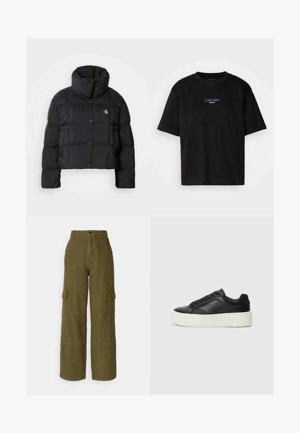Juodas pūkinis švarkas su trumpu dizainu, aukštu apykakle ir mygtukų uždarymu. Pagamintas iš blizgios, šiltos medžiagos, turinčios siūtas dalis.; Juodas medvilnės marškinėliai su apykakle, trumpomis rankovėmis ir mėlynai siuvinėtu "Calvin Klein JEANS" logotipu priekyje.; Alyvuogių žalios spalvos krovinių kelnės su aukštu liemeniu, plačiomis kojomis, daugybe kišenių ir kontrastingais siūlais. Pagaminta iš tvirtos medžiagos.; Juodas odinis sportbačių modelis su apvaliu priekiu, baltu platformos padu ir juodais raišteliais. Yra subtilus logotipas ant kulno ir glotni tekstūra.