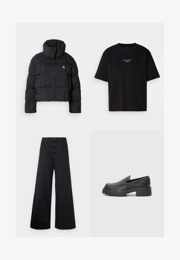 Must zwart puffer jope, mille disainiga, kõrge kaelusega ja nööpidega kinni. Valmistatud läikivast, soojust liikuvast materjalist, millel on äraotatud sektsioonid.; Mustmust särk ümmarguse kaelusega, lühikeste varrukatega ja sinise tikandiga "Calvin Klein JEANS" logo ees.; Mustad laiad denim püksid kõrge vöökoht ja esipaneeliga nööbid, esitatud lihtsa tausta ees.; Mustad nahast loafers ümarate varvastega, paksu tekstuuriga tald ja minimaalsete õmbluse detailidega. Viimistletud disain, kus pole nähtavaid paelu ega riistu.