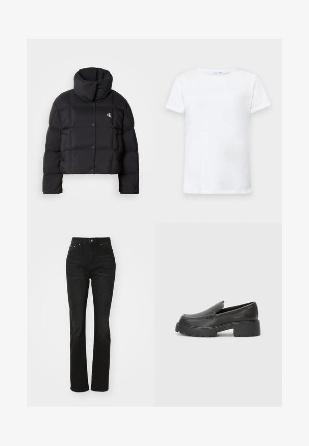 Must zwart puffer jope, mille disainiga, kõrge kaelusega ja nööpidega kinni. Valmistatud läikivast, soojust liikuvast materjalist, millel on äraotatud sektsioonid.; Valge lühikeste varrukatega T-särk, valmistatud puuvillast, ümmarguse kaelusega. Sile tekstuur ja sirge lõige, ilma mustrite või aktsentideta.; Mustad kõrge vöökohtadega teksad otse jalgadega, valmistatud denimist. Omab klassikalist viit taskut ja hõbedase tooni nööpkinnitust.; Mustad nahast loafers ümarate varvastega, paksu tekstuuriga tald ja minimaalsete õmbluse detailidega. Viimistletud disain, kus pole nähtavaid paelu ega riistu.